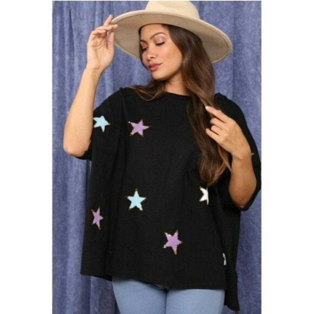 Fantastic Fawn Star Brite Sequin Oversized Top Black Size M - Picture 2 of 9